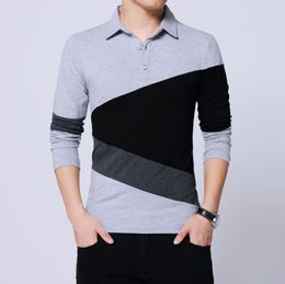 Mens T Shirts Fashion Contrast Colour Patchwork Long Sleeve Slim Fit Cotton Collar T Shirt Male Clothing Plus Size 4XL 5XL 210518