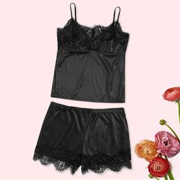 Sexy Lingerie Women's Pajamas Prant Set Plus Size Lace Summer V Neck Sleeveless Home Sleepwear Pyjama Pour Femme Drop Shipping Q0706