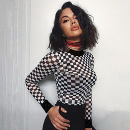 sexy black white plaid checkerboard t-shirts for women Hollow out slim top female t-shirt long sleeve tee shirts 210522