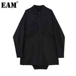 [EAM] Women White Black Pleated Irregular Big Size Dress Lapel Long Sleeve Loose Fit Fashion Spring Autumn 1DD6679 21512