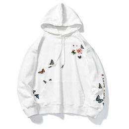 Embroidered Hoodies Men Autumn Sweatshirt Flower Butterfly Harajuku Streetwear Hoodie Pullover Cotton Fall Clothing 210527