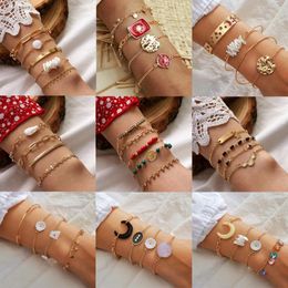 Link, Chain Bohemian Metal Bracelet Set For Women Flower Moon Heart Crystal Multilayer Bangle Boho Jewelry Ladies Luxury Bijoux