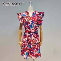Patchwork Ruffle Midi Dress For Women V Neck Short Sleeve High Waist Lace Up Bowknot Print Dresses Female Fashion 210520
