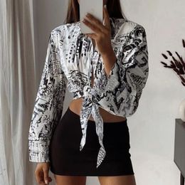 Women Fashion With Knot Printed Crop Blouses Lapel Long Sleeve Button Female Shirts Blusas Chic Tops 210430