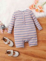 Baby Block Striped Half Button Romper SHE