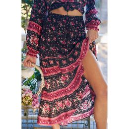 Jastie Boho Floral A-line Women Midi Skirt Elastic High Waist Sashes Vintage Womens Skirts Summer Fashion Clothes Female 210419