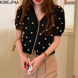 Korejpaa Women Sets Summer Korean Chic Retro V-Neck Three-Dimensional Fur Ball Knitted Sweater High-Waist Casual Trousers 210526