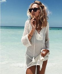 Women's Swimming Suit 2021 Summer Mesh Hollow Out Crochet Dress Bathing Cover Ups Beach Dresses Tunics Wrap Skirt Swimwear