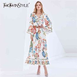 Vintage Patchwork Ruffle Dress For Women V Neck Long Sleeve Sashes Hit Color Elegant Dresses Female Fashion 210520