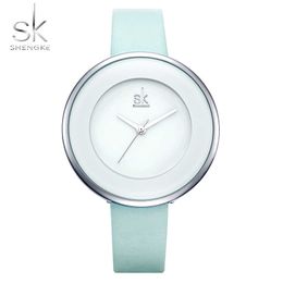 SHENGKE Skyblue Leather Strap Buckle Women Watches 38 MM Big Top Brand Simple Dial Quartz Luxury Ladies Watch Reloj Mujer 210616