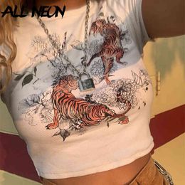 ALLNeon Harajuku Ribbed Tight Printing Crop Tops O-neck Short Sleeve Skinny White T-shirts Vintage Y2K Summer Tops Streetwear Y0508