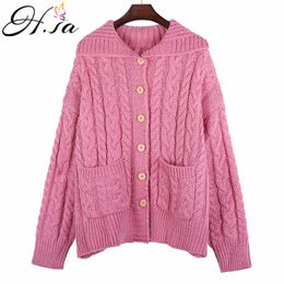 H.SA Women Spring Winter Thick Sweater Cardigans Long Sleeve Turn Down Collar Knitted Jackets Button Up Korean CHic Cardigan Top 210417