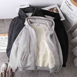 Jacket women solid color hoodies autumn winter imitation lamb wool korean loose plus velvet thick zipper sweatshirt tops 210909