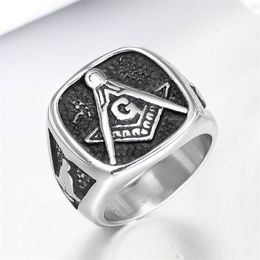 Stainless steel Retro Black Antique Freemason Masonic punk rings Free mason signet regalia rings gothic jewelry for men
