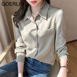 Satin Shirt Women Spring Fall Turn-Down Collar Elegant OL Style Chiffon Top Plus Size Lantern Sleeve Button Blouse 210601