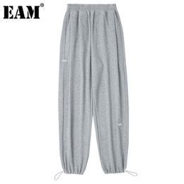 [EAM] High Elastic Waist Gray Drawstring Wide Leg Trousers New Loose Fit Pants Women Fashion Tide Spring Summer 2021 1DE0167 Q0801