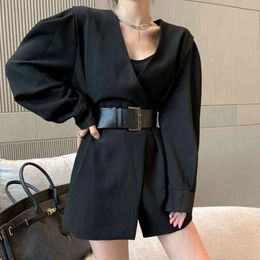 Women Clothes Loose Black Solid Fashion Dresses Vintage Long Sleeve Elegant Ladies V-neck Suit Belt Dress 329E 210420