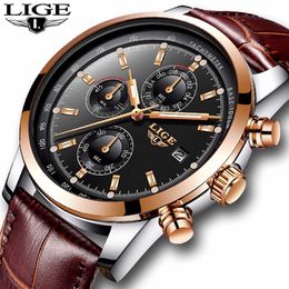 LIGE Mens Watches Top Brand Luxury Leather Quartz Watch Men Military Sport Waterproof Clock Gold Watch Relogio Masculino 210527