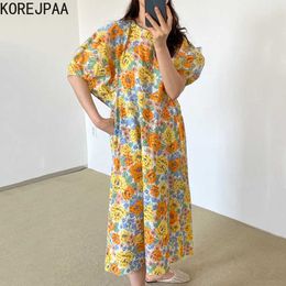 Korejpaa Women Dress Summer Korean Chic Lazy Round Neck Loose Full Screen Small Flowers Revealing Skin Puff Sleeve Vestidos 210526