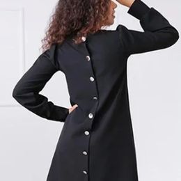 Women Elegant Casual Loose Mini Dress Solid Color Back Buttons Autumn Spring Fashion Dress Long Sleeve O-neck Office Lady Dress 210412