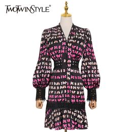 Bodycon Printed Tunic Dress For Female V Neck Puff Sleeve High Waist Hit Colour Mini Dresses Women Fashion 210520