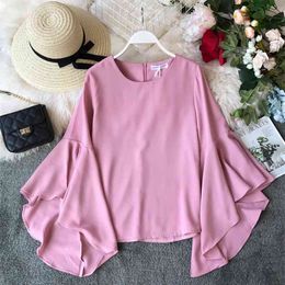 Spring Autumn Women's Long-sleeved Shirt Solid Colour Flare Sleeve O-Neck Lotus Leaf Loose Tops Women GD475 210506