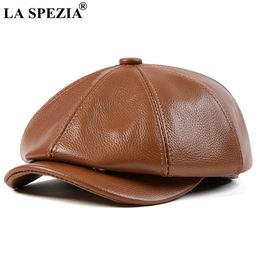 Genuine Leather Newsboy Cap Men High Quality Octagonal Hat Autumn Winter Beret Real Cowskin Flat Cap