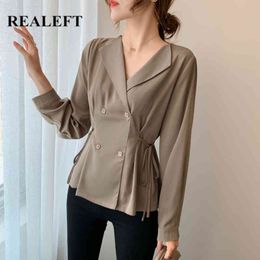 Spring Summer Chiffon Women's Shirt Blouse Tops Double Breasted Long Sleeve Casual Loose Chic Short Blouses 210428