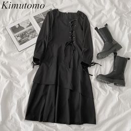 Kimutomo Abito tinta unita Primavera stile coreano Colletto quadrato femminile Fasciatura manica lunga Nero Elegante Vestido De Mujer 210521
