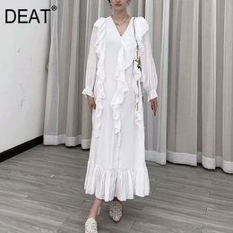 Women White Patchwork Asymmetrical Ruffles High Waist Dress V-Neck Long Sleeve Slim Fit Fashion Tide Summer 7E1216 210421