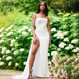 Nibber Women Senior Party Dress Sexy Mesh Patchwork Strapless High Slit Dancing Party Outfits Fashion Elegant Bodycon Maxi Dress Y0726