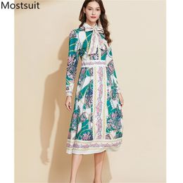 Spring Runway Fashion Printed Long Dress Women Sleeve Bow Collar Vintage Party Office Female Dresses Vestidos Mujer 210513