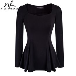 Nice-forever Elegant Black Color Square Neck Puff Sleeve T-Shirt Casual Tunic Peplum Women Tees Tops T047 210419