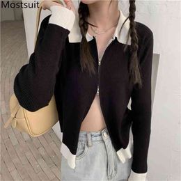 Black Knitted Zip-up Cardigan Sweater Women Autumn Full Sleeve Turn-down Collar Tops Color-blocked High Street Jumpers Femme 210513