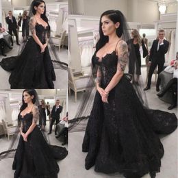 Full Black Dresses Long 2021 Gothic robe de marieeSpaghetti Straps Lace Wedding Gowns Handmade Formal Bride Dress