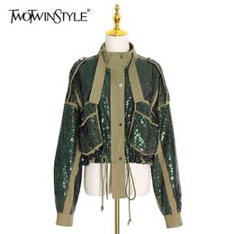 Patchwork Sequin Jackets For Women Turtleneck Long Sleeve Drawstring Coats Female Autumn Fashion Clothes 210524
