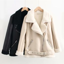 Women Winter PU Cashmere Jackets Coats Warm Thicken Casual Street Solid Female Elegant Motor Jacket Outerwear Clothes 210513