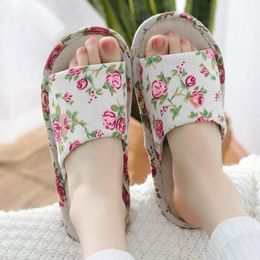 Summer Women Casual Floral Indoor Home House Slippers Flat Flower Soft Mules Flip Flops Linen Slides Platform Shoes