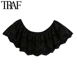 TRAF Women Sweet Fashion Cutwork Embroidery Cropped Blouses Vintage Slash Neck Short Sleeve Female Shirts Chic Tops 210415