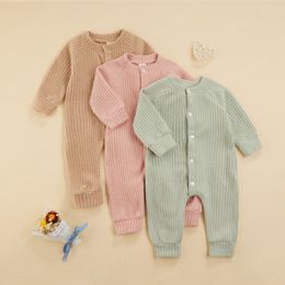 Fall Newborn Baby Jumpsuit Romper Toddlers Infant Waffle Soft Cotton Casual Long Sleeve Playsuit with Button Front For Girls Boys