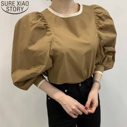 Puff Sleeve Vintage Blouse Women Ruffled Shirt O-neck Ladies Tops Spring Loose Korean Chic Lace Up Blusas Mujer 12784 210417