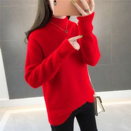 New Women Knitted Sweater Autumn Winter Red Mink Cashmere Soft Warm Pullover Casual Half Turtleneck Loose Knitted Bottoming Tops 210412