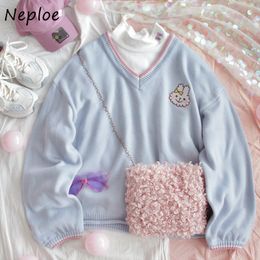 Neploe Cartoon Pattern V-neck Panelled Sweater Sweet Cute Preppy Style Pullovers Autumn Casual Warm Knitted Tops 1G385 210423