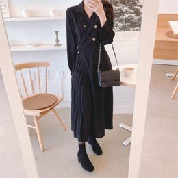 S XL Plus Size pleated Spring femme Girls Female Vintage Dress Sleeve Women Dresses long shirt Robe Vestido 210417