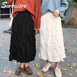 Long Pleated Skirt Women For Autumn Winter Fashion Ladies Korean High Waist Black White Maxi School Female 210421