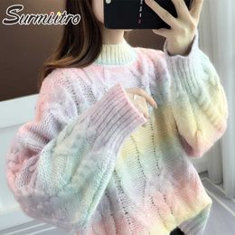 SURMIITRO Grob gestrickter Oversize-Pullover Frauen Herbst Winter Koreanischer Stil Regenbogen Langarmpullover Pullover weiblich 210712