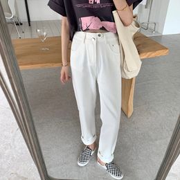 SML summer korean ins style loose women long Pantaloni in denim bianco a vita alta Jeans a gamba larga per donna (sy8770) 210423