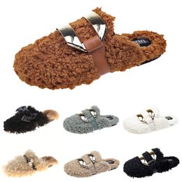 Discount autumn winter womens slippers metal chain all inclusive wool slipper for women outer wear plus big szie Muller half drag shoes Size 35-40