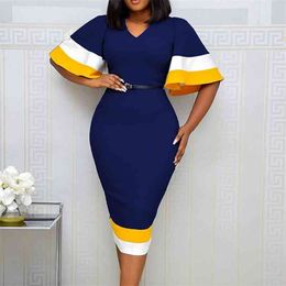 Women Bodycon Dress Patchwork Color Flare Short Sleeves V Neck Elegant Office Ladies Work Wear Female Modest Classy African Lady 210331