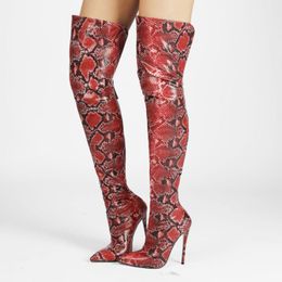 Boots Women 2022 Autumn Winter Shoes Stage Thigh High Sexy Snakeskin Pattern Thin Heels Pointed Toe Slip On